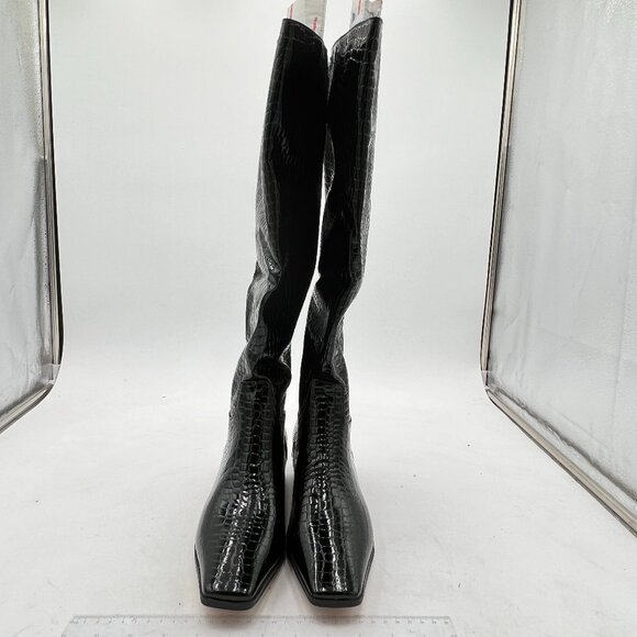 Black Crocodile Texture Chic Square Toe Kitten Heel Pull On Knee High Boot - Picture 1 of 6